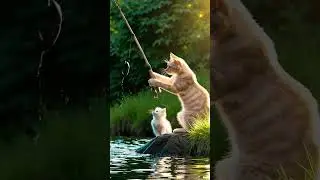 Brave Mama Cat Catches Fish for Her Kitten 🐟💪 catai #catshorts #ai #cute #catshorts