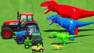 MINI & BIG TRACTOR and MINI to BIG DINOSAUR vs DEEP MUD with PORTAL TRAP - MUDDY PARKOUR! FS22