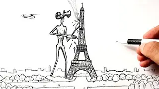 How to draw a Siren Head attacking Eiffel tower