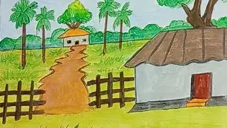 How to draw villages landscapes drawing  scenery drawing painting  /  village beautiful house. 