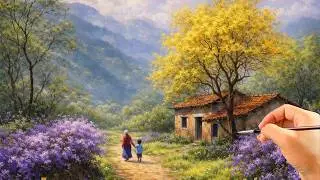 🎨 How to Paint a Serene Village Path & Old House | Relaxing Acrylic Landscape | #050