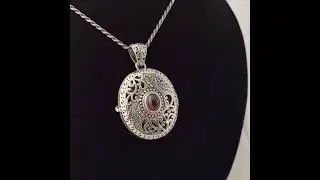 Vintage style Garnet big locket pendant in sterling silver