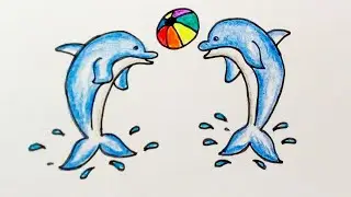 How to draw cute dolphin play with a ball / Dollphin drawing for Beginners