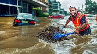 Hard Work of Removing All Debris From Flood Drain Grate In City