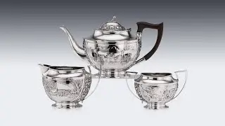 ANTIQUE 19thC INDIAN STYLE THREE PIECE SOLID SILVER TEA SET, REED & BARTON c1900
