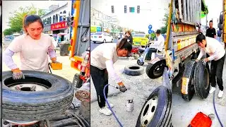 Truck tire change || Tyre puncture || 義勇軍進行曲 || Truck Puncture Tire Replacement Outdoor Chinese!