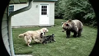Brave Golden Retriever and Cat Confront Large Bear in Backyard! | Security Camera