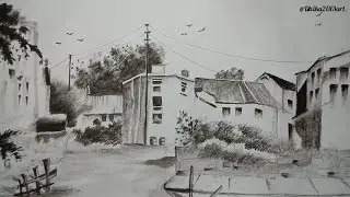 easy charcoal pencil drawing of a house || pencil art.