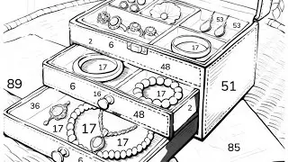 An open orange jewelry box containing necklaces, bracelets, and rings on a wickerwork surface
