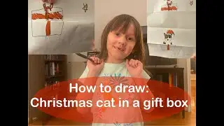 How to draw a Christmas cat in a gift box