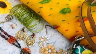 POHELA FALGUNER SARI AND MATCHING JEWELRY/ POHELA FALGUN/ BOSHONTO UTSHOP
