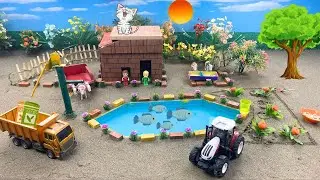 DIY mini tractor Farm Diorama with mini pool, house for cow, pig, fish pond | mini fruits farm
