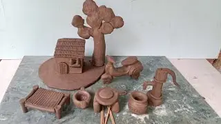 DIY How to make polymer clay miniature Village House with Washroom Set, Kitchen Set, Tree, Charpai |