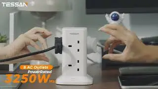 Tessan Safety Mark Surge Protector Power Strips 8 AC Extension Cord Tower With USB-C TPS03-UK White
