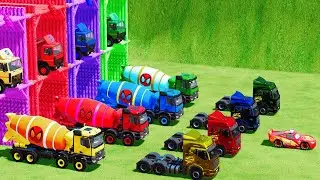 TRANSPORTING PIXAR CAR LIGHTNING MCQUEEN, MIXER TRUCK, BIG TRUCK TRAILER FOR TRANSPORTING !  FS22#1
