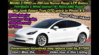 Tesla Model 3 2022 года с аккумулятором LFP = запас хода в 260 миль, белый на белом с улучшенными...