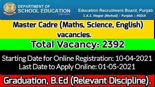 Punjab Education Department Recruitment 2021: Apply Online 2392 Master Cadre Teacher Posts @HellForPie