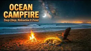 8 Hours (LIVE) Campfire by the Ocean With Waves Sound🌊🔥Deep Sleep,White Noise, Dog Sleep