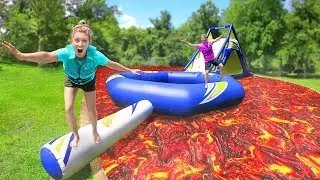 Last To Fall Floor is Lava Backyard Inflatable Obstacle Course Challenge!!