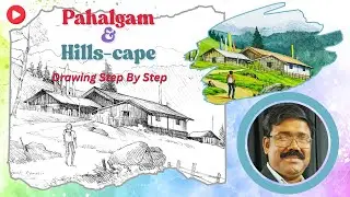 Beautiful Pahalgam Scenery Drawing | Hills-cape Scenery Drawing | Pahalgam Drawing Step By Step