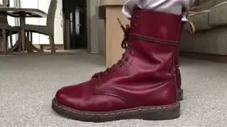 oxblood 10-eye vintage Dr Martens boots on feet
