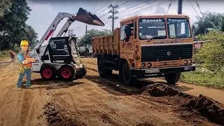Bobcat S450 skid loader soil loading to Ashok Leyland dump truck | Modern Road Construction