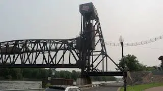 CPKC Train (Speed Checks) & Lift Bridge Operation with Boat, Old Milwaukee Lift Bridge, Hastings, MN