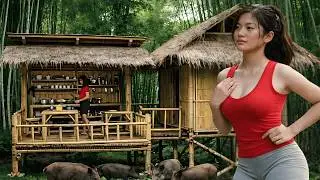 Building a house in the forest (ASMR) - Genius Girl Hunts & Builds Stone Shelter by River