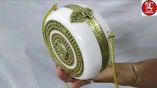 White Resin Brass Stud Round Clutch Bag With Elephant Studded