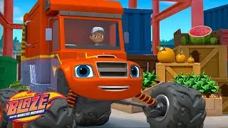 Garbage Truck Blaze STOPS Big Horns with Fruit Juice! 🍉🍊🍍 w/ AJ | Blaze and the Monster Machines