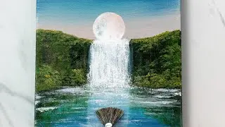 Full Moon Painting / Acrylic Step by Step Painting for Beginners / Moonlit Waterfall
