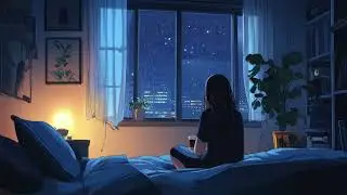 AMBIENT SLEEP VIDEO WITH ANIME GIRL WATCHING THE RAIN HIT THE WINDOW AT NIGHT.