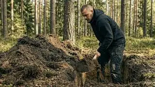 A completely untouched forest floor hides a secret modern underground shelter built silently by hand