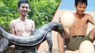 Wilder Mann: &Uuml;berlebensf&auml;higkeiten im wilden Leben-Tierjagd-Tierwelt-Wildes Essen-rohes Krokodil