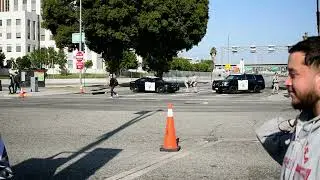 California Highway Patrol block freeway offramp Trump ICE protest downtown Los Angeles June 8, 2025