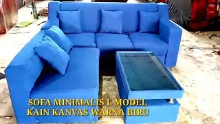 FURNITURE,, SOFA MINIMALIS MODEL L KAIN KANVAS WARNA BIRU