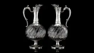 ANTIQUE 19thC FRENCH SOLID SILVER & GLASS PAIR OF CLARET JUGS, ODIOT c 1890
