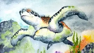 Watercolor sea turtle paint along tutorial demo