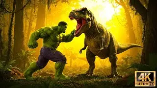 Bruce Banner fights the dinosaur in the city streets, dodging crushing blows and smashing debris.