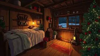 Peaceful winter attic bedroom scene, soft snow drifting past windows, vintage jazz calm 🎶❄️