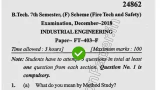 2018 Mdu BTech FTS  7th Sem Industrial Engineering Question Paper