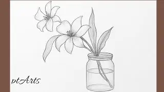 How to draw beautiful orchid flowers in a jar | Step by step pencil sketch drawing