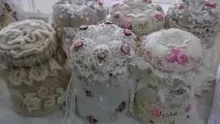 Altered Canvas bag/fabric flowers/ pin cushion  jars/paper bag card/Lace gift bag