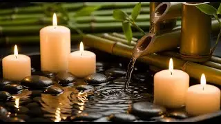Zen Spa Bamboo Water Fountain White Candles Black Basalt Stones Wellness Relaxation Background