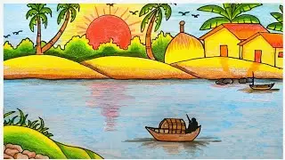গ্রামীণ সূর্যোদয়ের দৃশ্য অংকন || Draw A Sunrise Scenery With Color Pencil. #art #drawing #ytvideo 