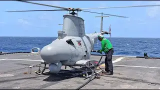 U.S. Navy's MQ-8B Fire Scout &bull; Unmanned Helicopter Takes Flight from Freedom Class Vessel
