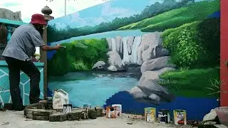 waterfall landscape painting on wall part 1 | melukis pemandangan air terjun di dinding tembok