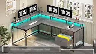 Sikaic LED L Shaped Reversible Computer Desk With Drawers Outlets