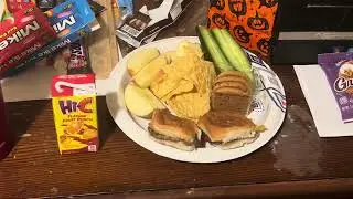 Mini Cheeseburgers, Chips, Apple Slices, Cucumbers, Cookies, and Hi-C Fruit Punch Juice