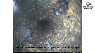 Before and after cleaning 61 year old cast iron pipes